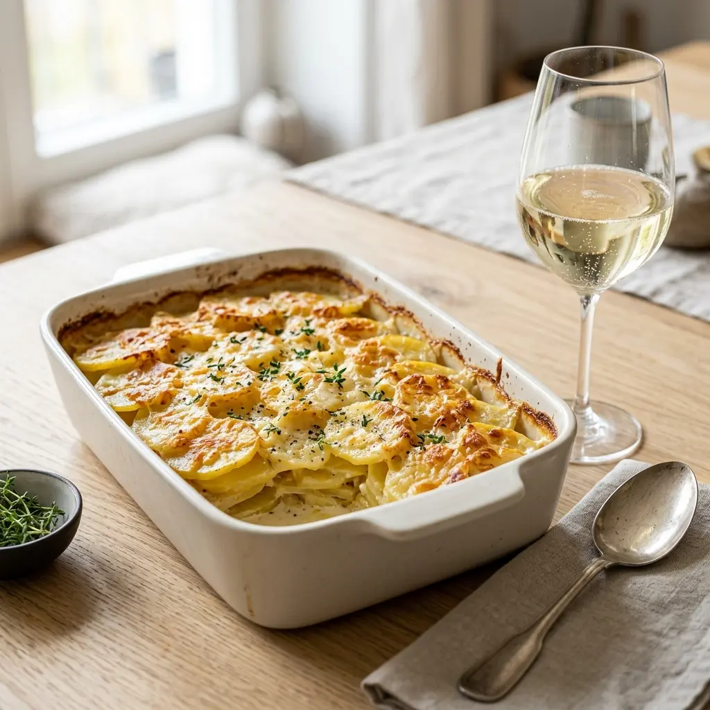 En lækker og cremet kartoffelgratin serveret i et ovnfast fad klar til at blive spist