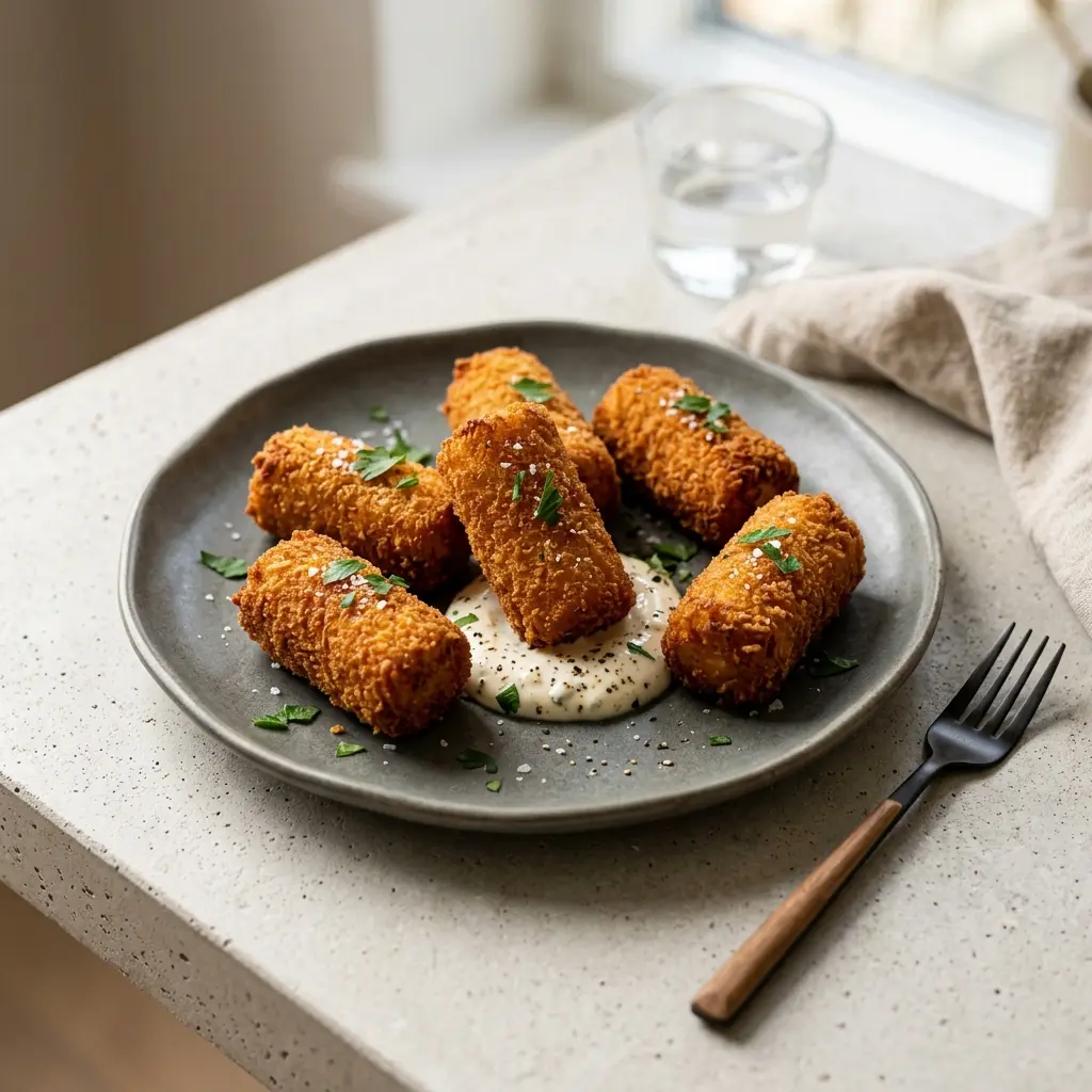 Sprøde og gyldne kartoffelkroketter serveret på en hvid tallerken som et lækkert og velsmagende tilbehør