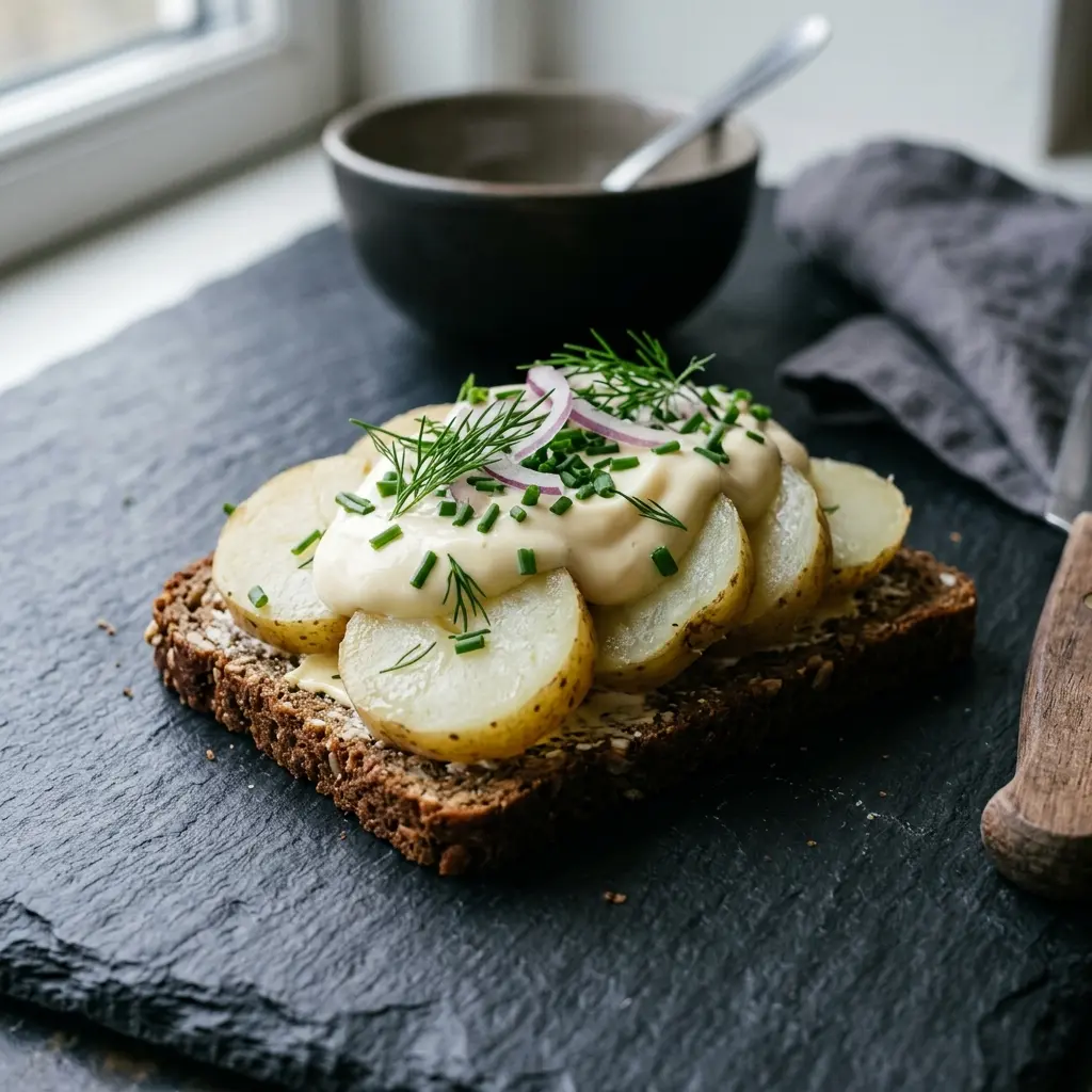 En klassisk dansk kartoffelmad med mayonnaise pyntet med friske krydderurter på et stykke rugbrød