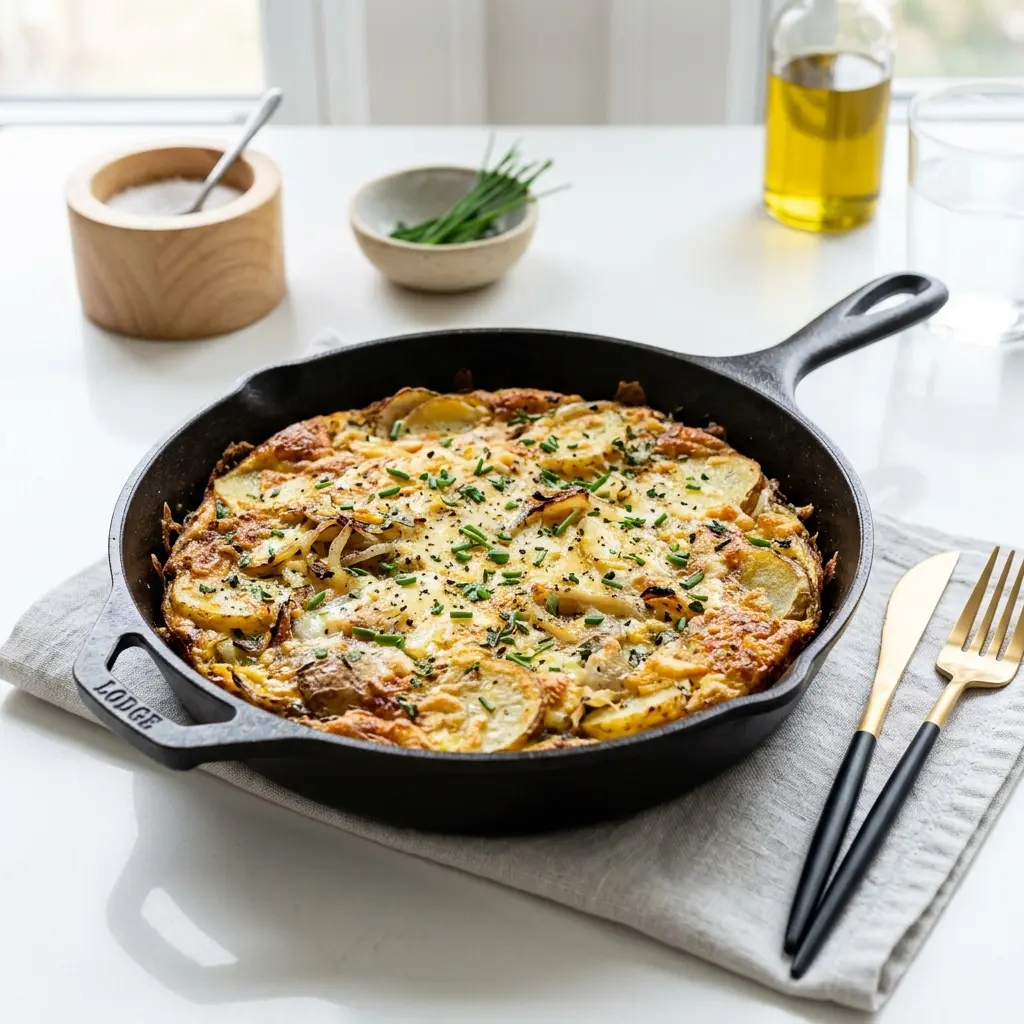 En lækker og gylden kartoffelomelet serveret på en tallerken klar til at blive spist