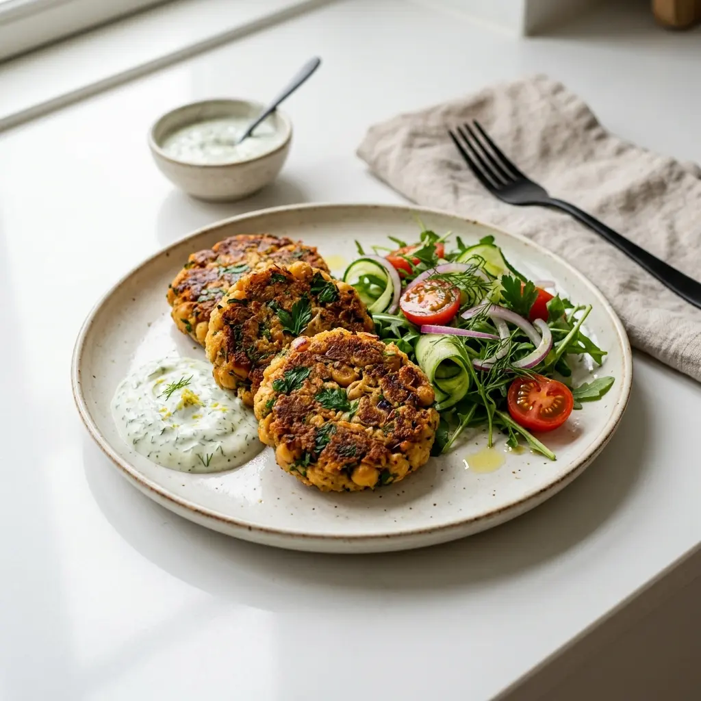 En tallerken med velsmagende og gyldenstegte kikærtebøffer serveret som et sundt vegetarisk måltid