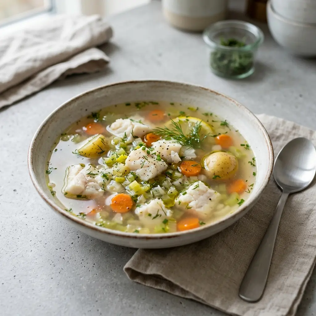 En skål med klar fiskesuppe med hvid fisk serveret med friske krydderurter og grøntsager