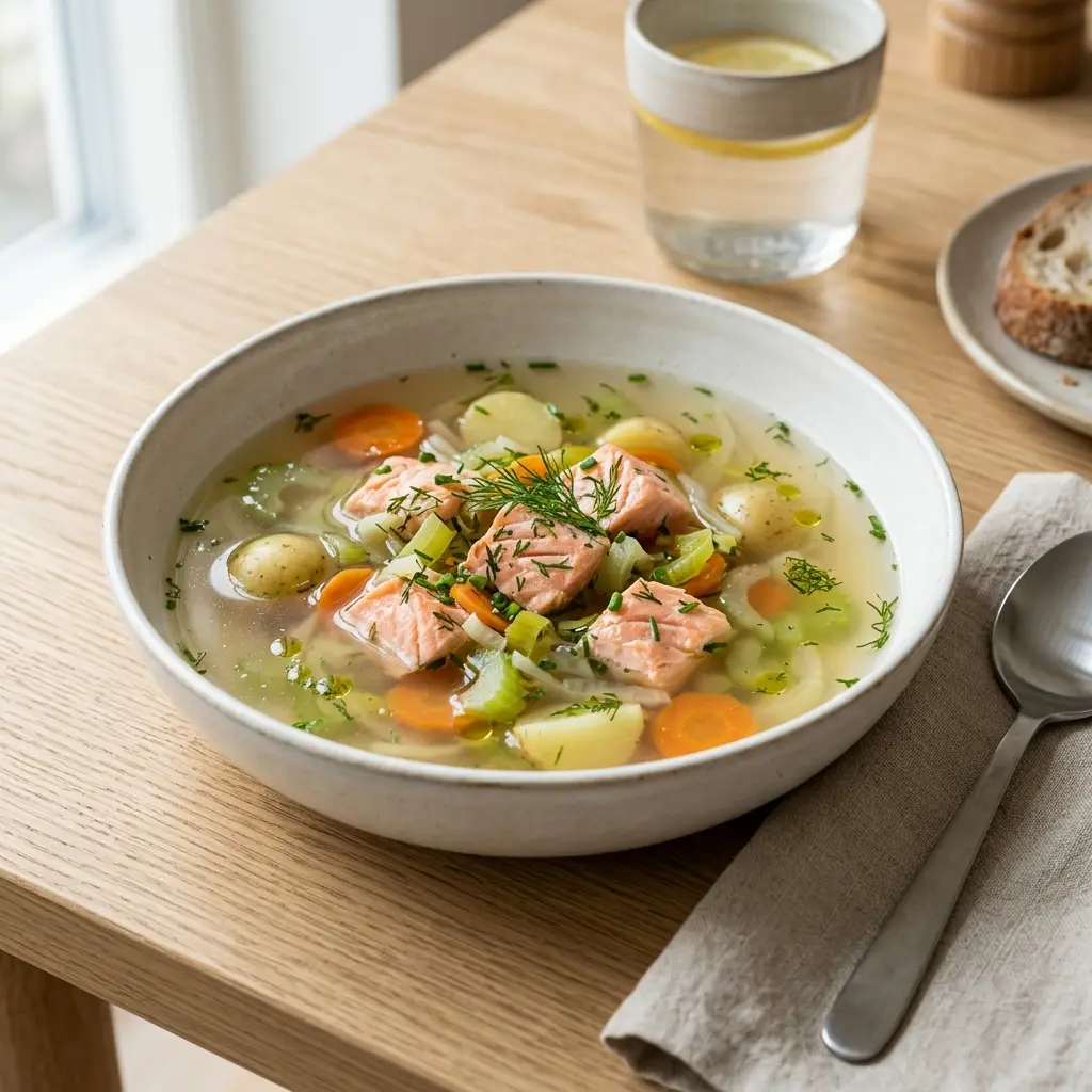 En skål med en smagfuld klar fiskesuppe med laks serveret med friske krydderurter på toppen