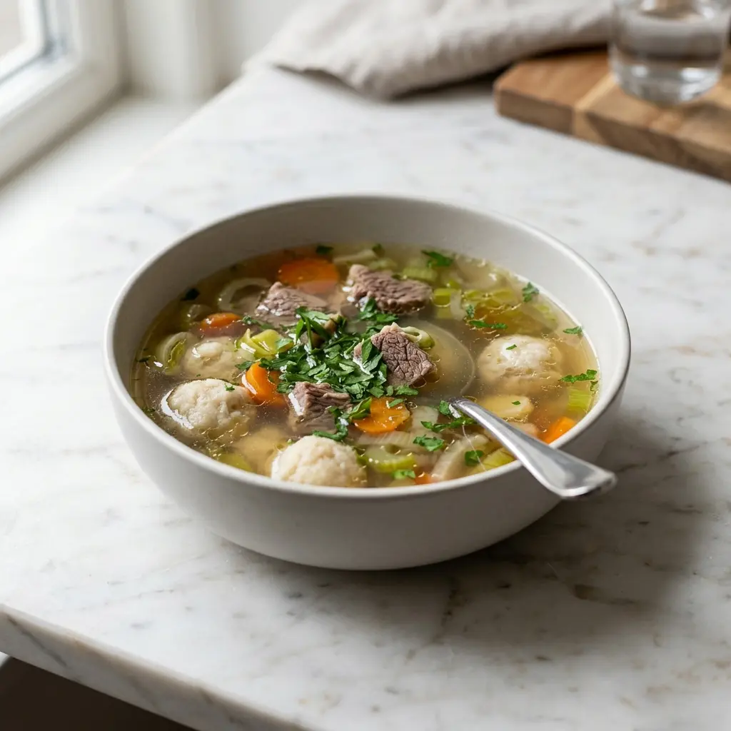 En skål med velsmagende klar suppe med oksekød serveret med friske urter og grøntsager