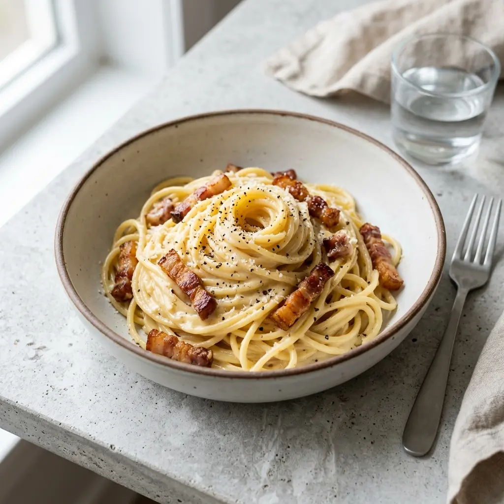 En tallerken med en cremet og autentisk klassisk carbonara toppet med friskrevet pecorino og sort peber