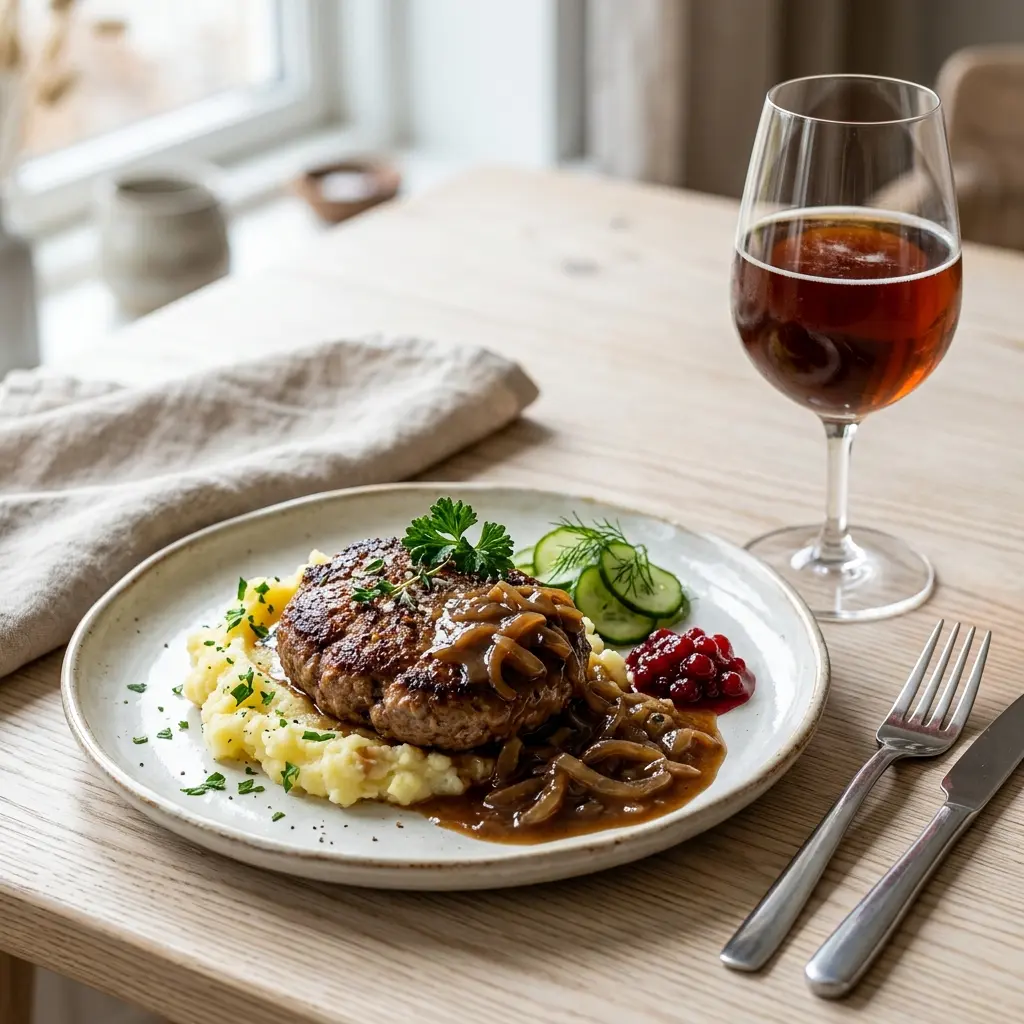 En tallerken med en veltilberedt klassisk hakkebøf serveret med bløde løg og brun sovs