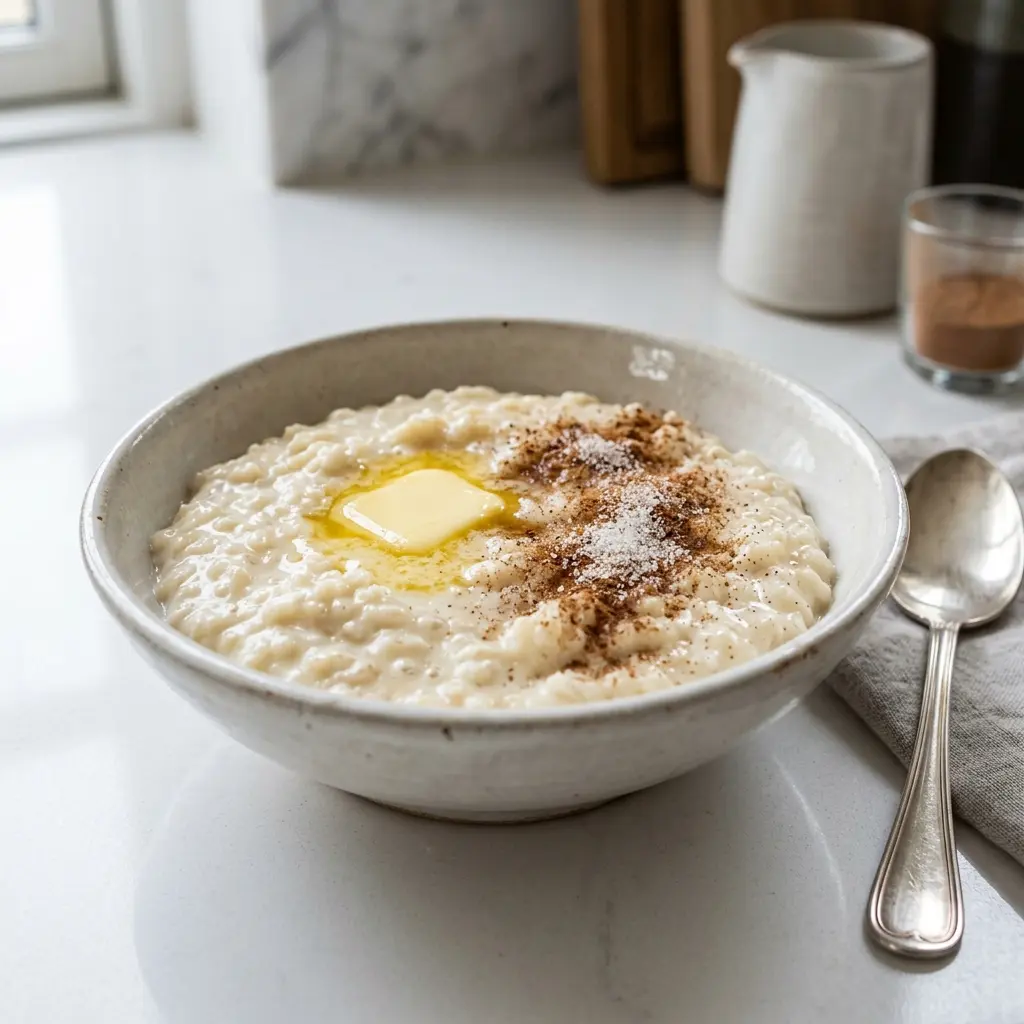 En skål med varm og cremet klassisk risengrød toppet med en smørklat og kanelsukker