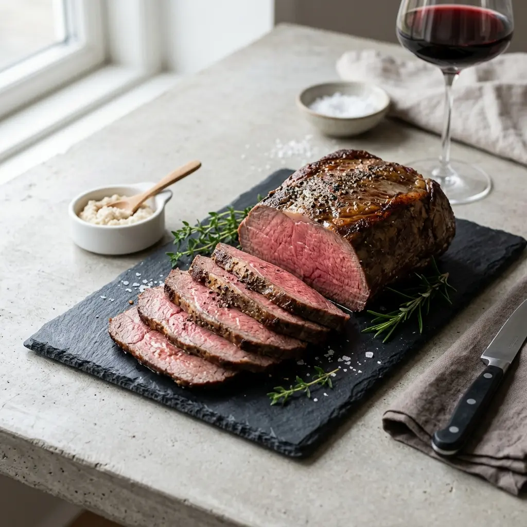 En saftig og veltilberedt klassisk roastbeef skåret i tynde skiver klar til servering på et fad