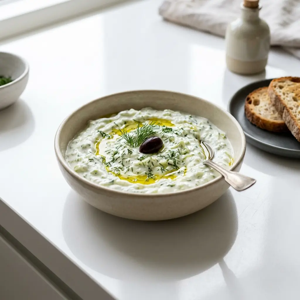 En skål med hjemmelavet klassisk tzatziki serveret med agurk og cremet græsk yoghurt