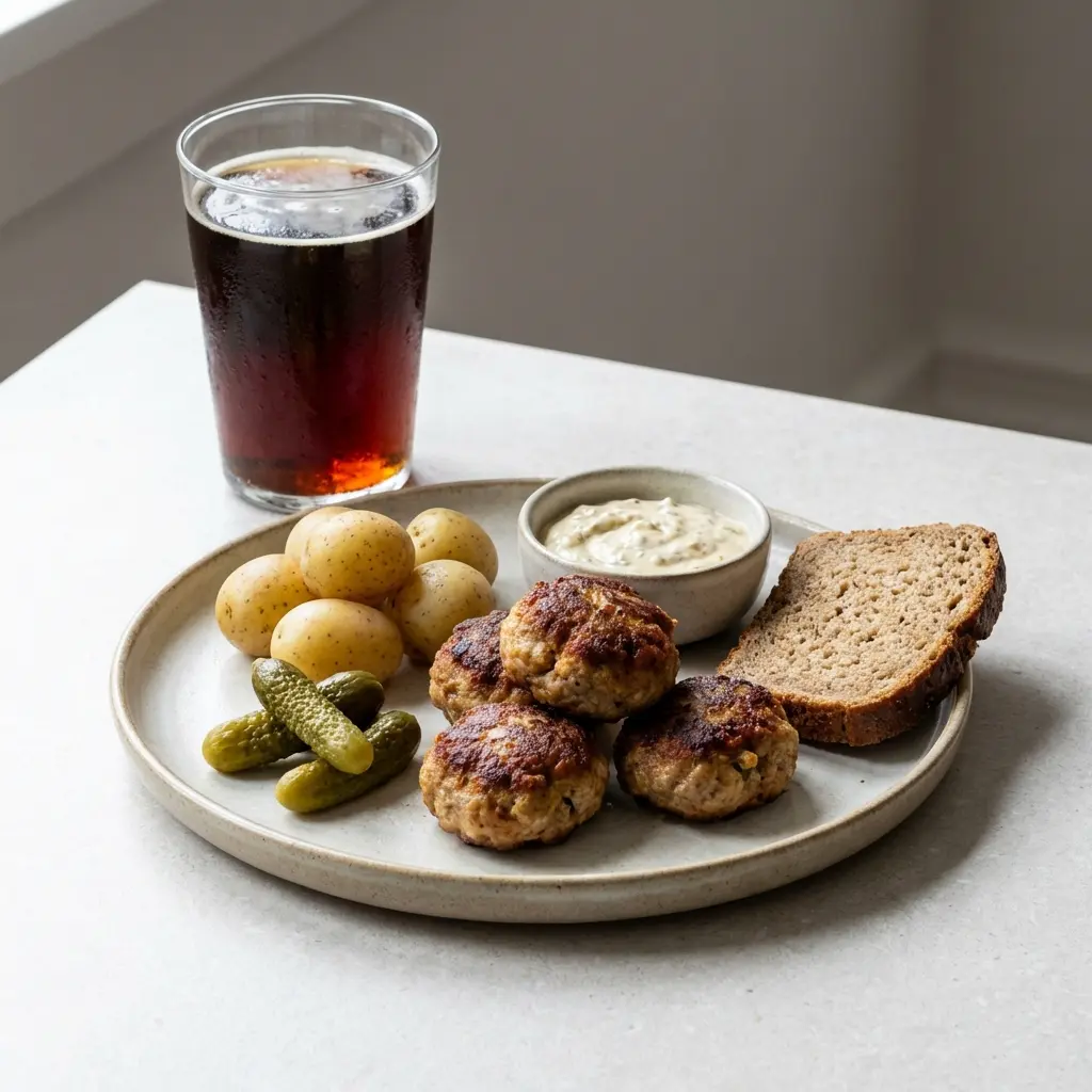 En tallerken med varme klassiske frikadeller serveret med tilbehør på et lyst køkkenbord