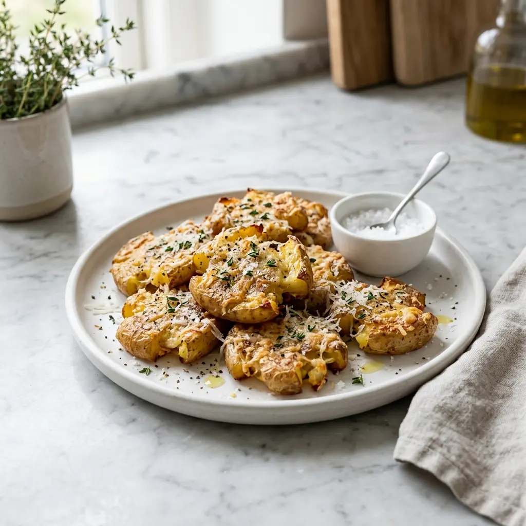 En lækker tallerken med sprøde knuste kartofler med parmesan pyntet med friske krydderurter og olivenolie