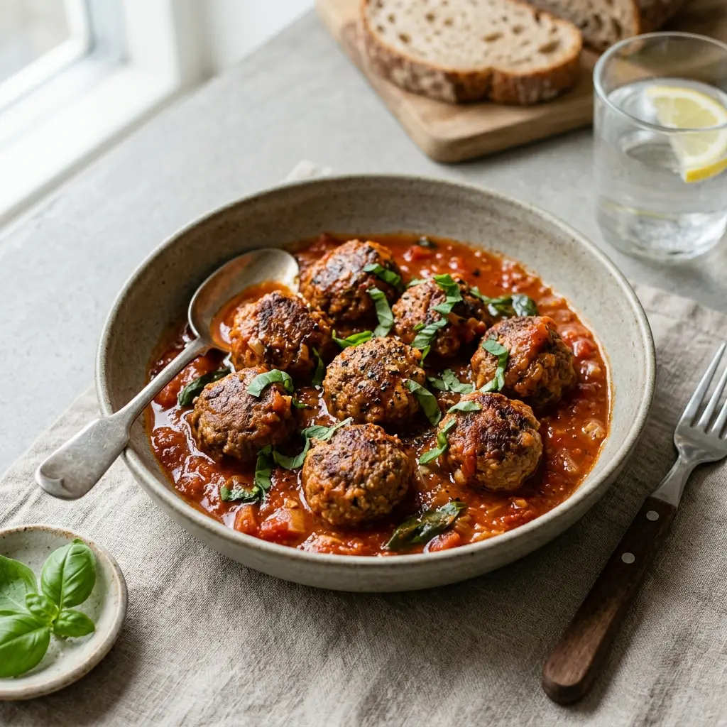 En lækker portion hjemmelavede kødboller i tomatsovs serveret i en dyb tallerken med frisk krydderurt