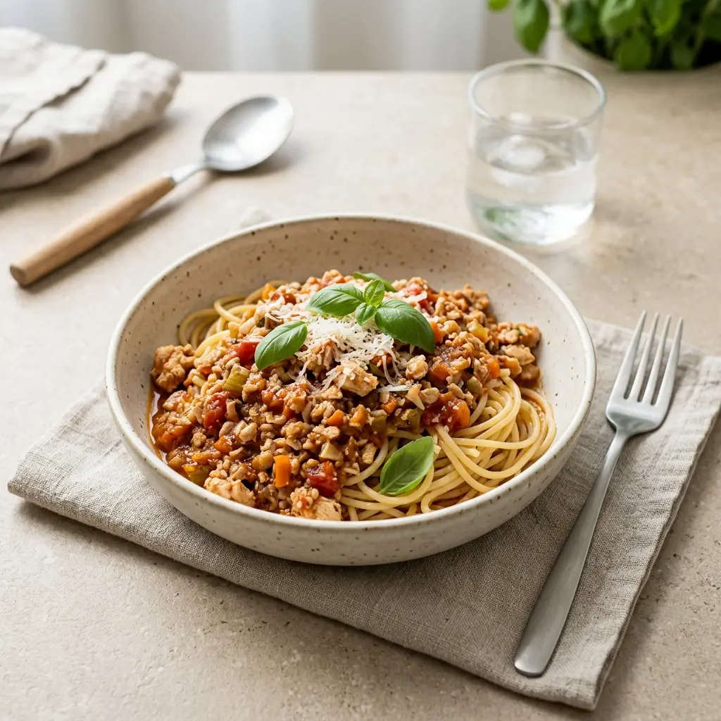 En lækker hjemmelavet kødsovs med kylling serveret i en dyb tallerken med frisk pasta