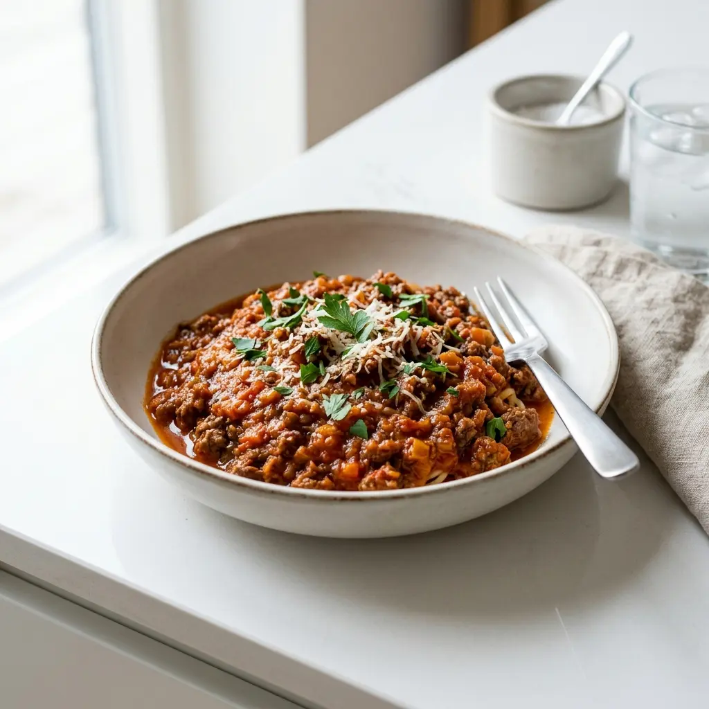 En lækker hjemmelavet kødsovs serveret med friskkogt pasta og et drys af friskrevet parmesanost