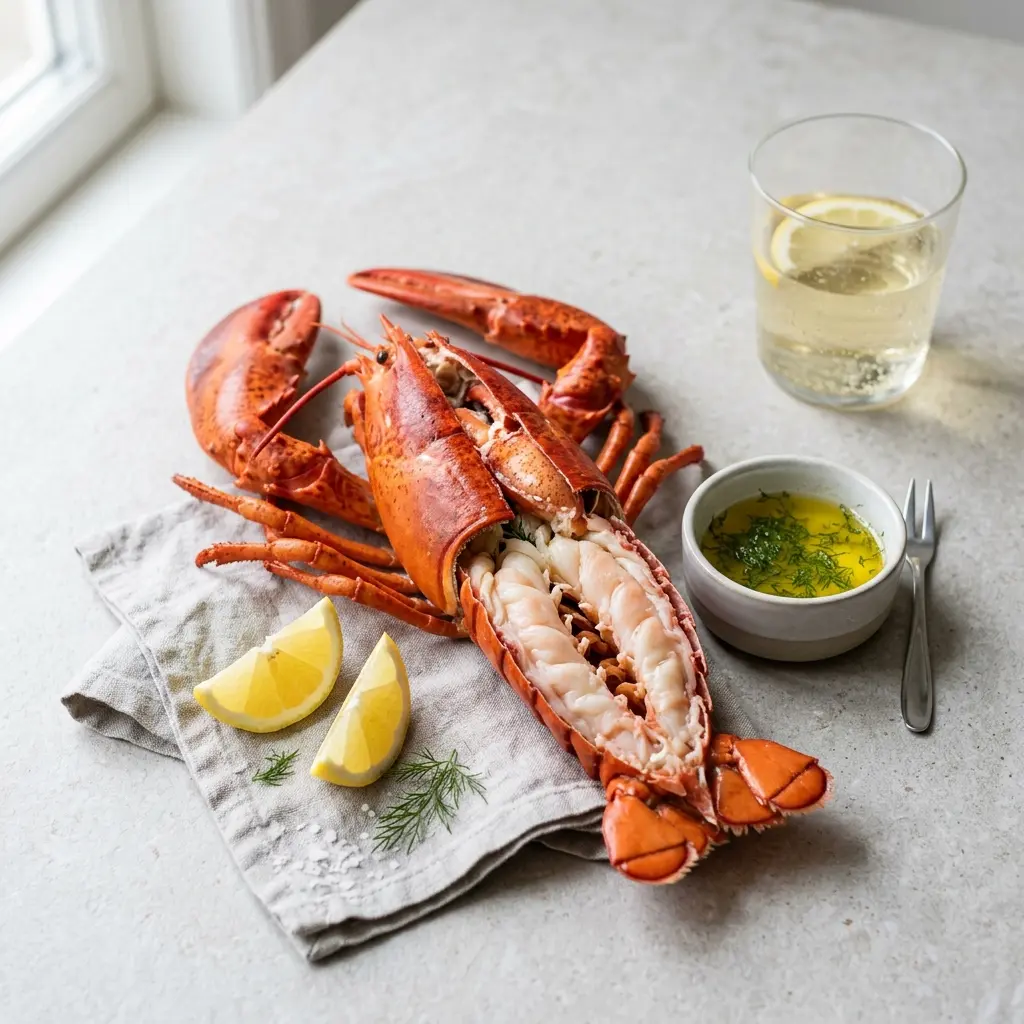 En flot anrettet koget hummer serveret på et fad klar til at blive nydt med tilbehør