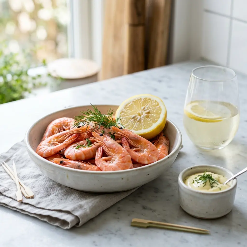 En tallerken med friske kogte rejer klar til servering som en let og sund forret