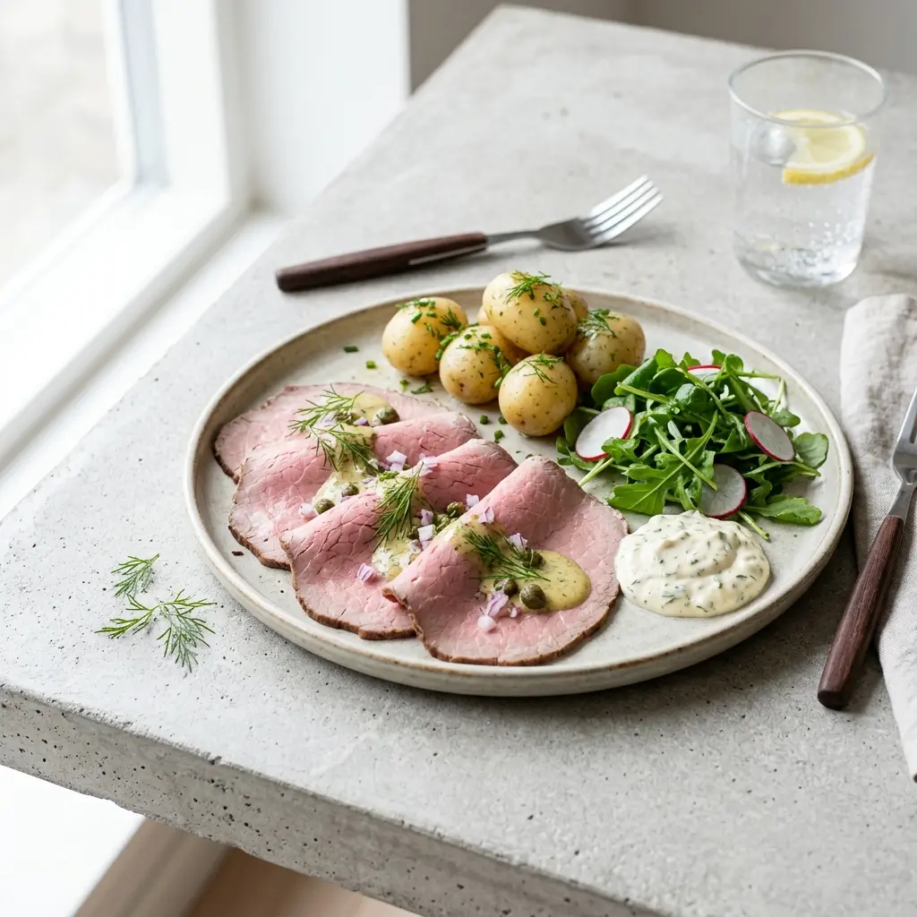 En lækker anretning af tynde skiver kold kalvesteg serveret på et flot hvidt serveringsfad