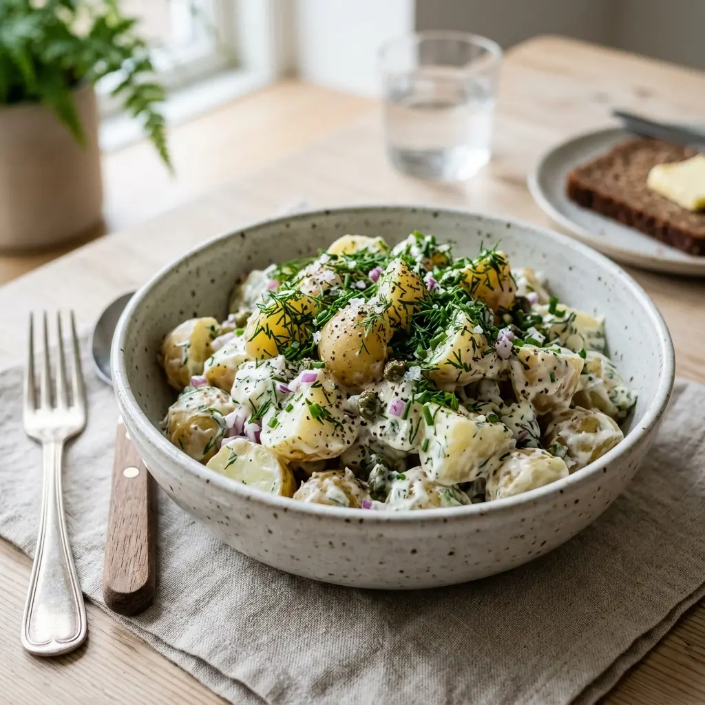 En lækker og cremet kold kartoffelsalat serveret i en skål klar til sommerens frokostbord