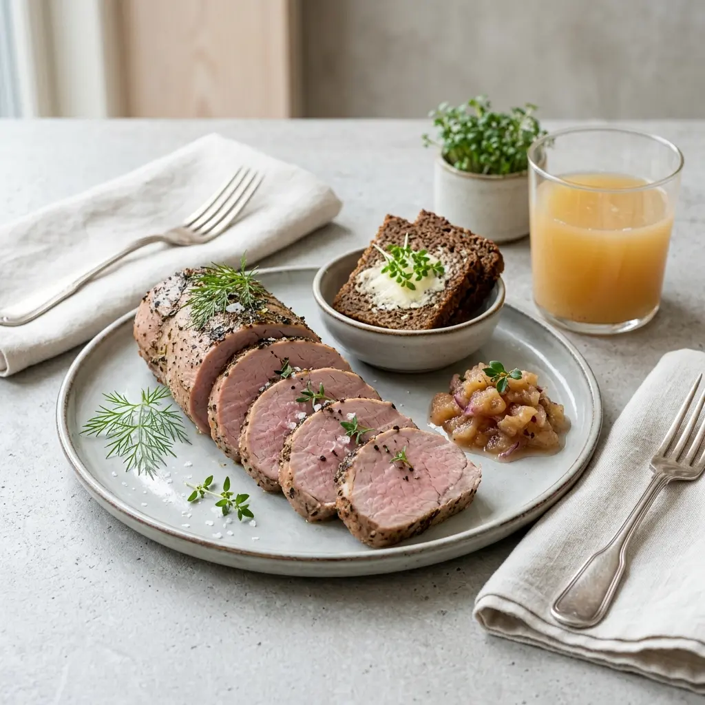 En lækker anretning med kold mørbradsteg til frokost serveret på et rustikt skærebræt med pynt