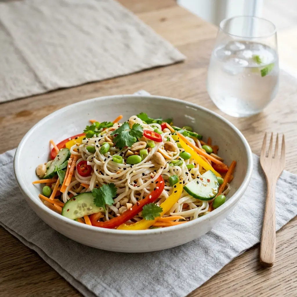 En frisk og farverig kold nudelsalat serveret i en dyb skål som en let frokostret