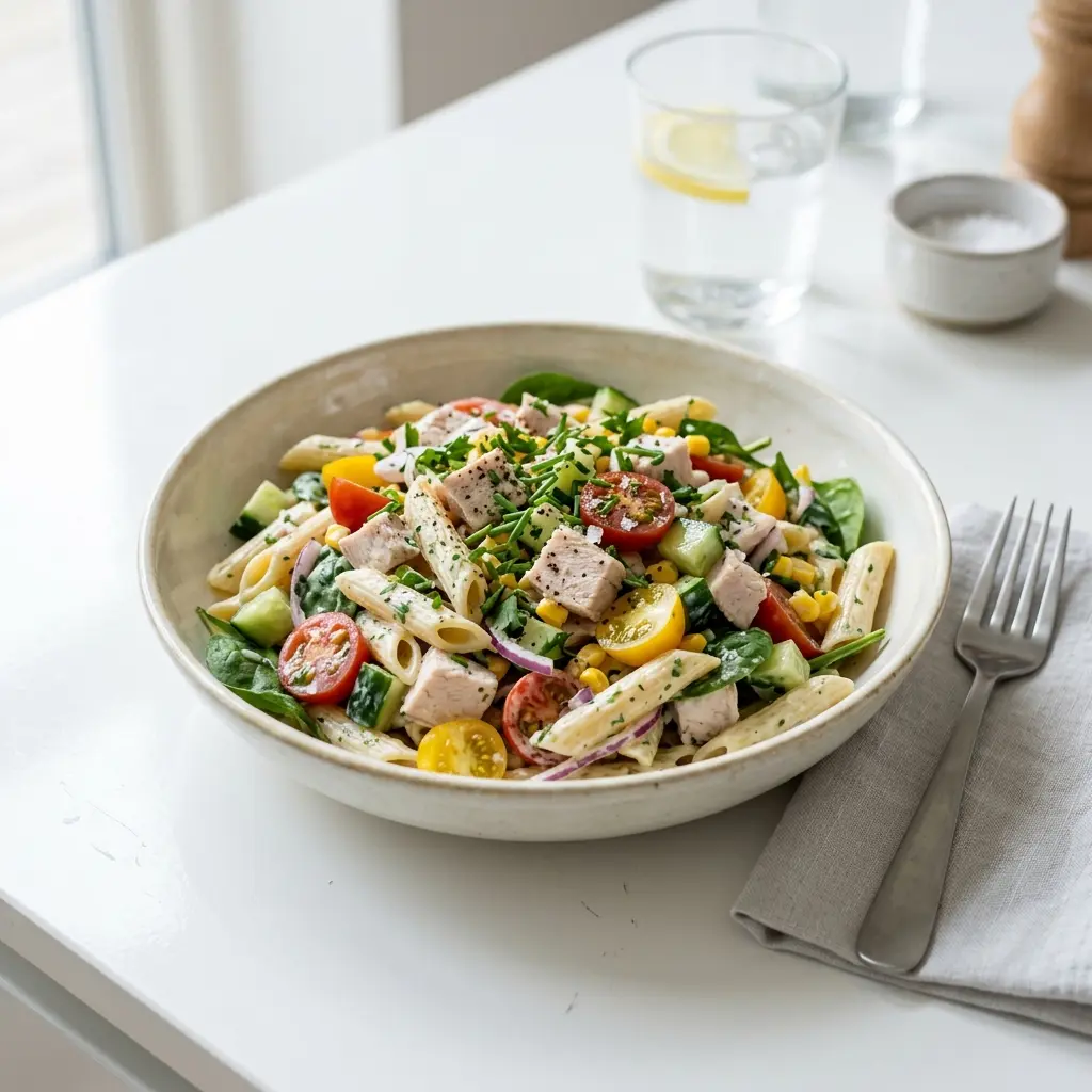 En lækker og frisk kold pastasalat med kalkun serveret i en stor skål til frokost