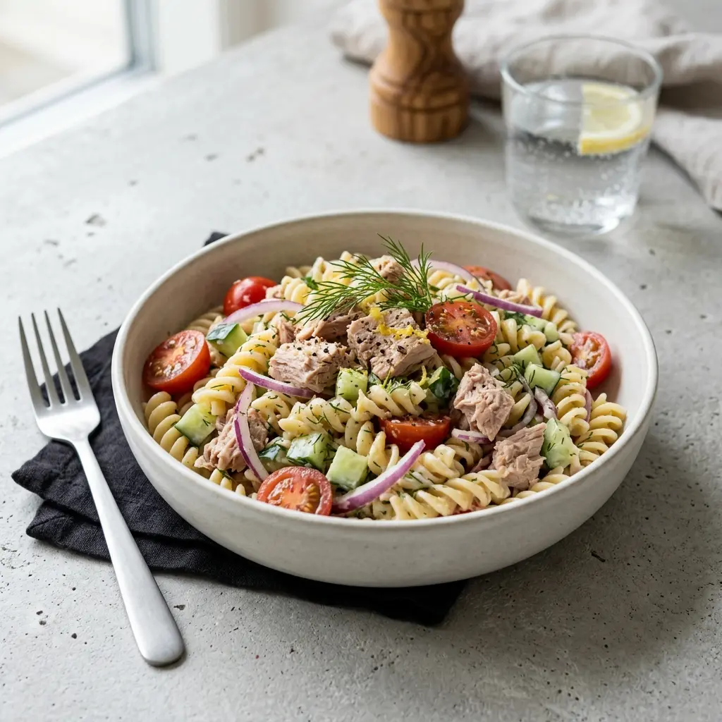 En frisk og lækker kold pastasalat med tun serveret i en flot skål til frokost