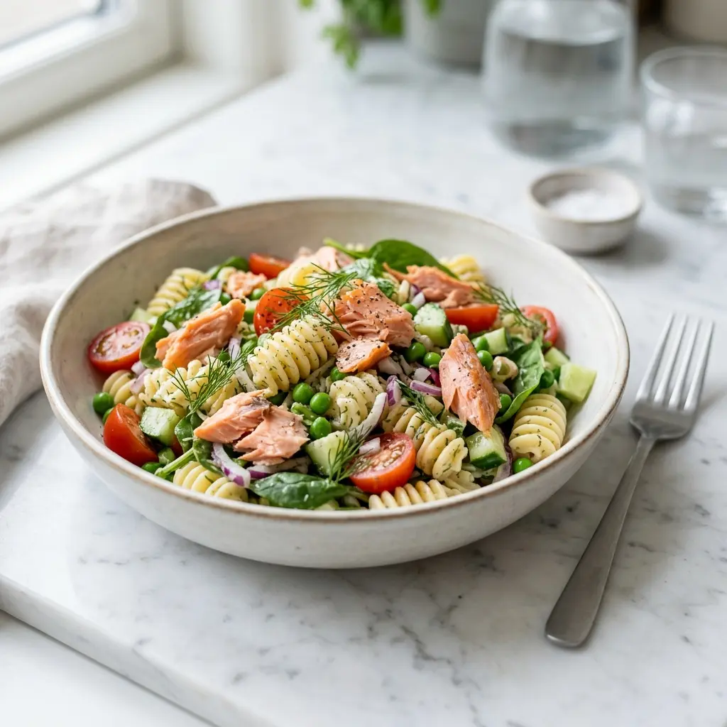 En frisk kold pastasalat med varmrøget laks anrettet i en skål klar til servering