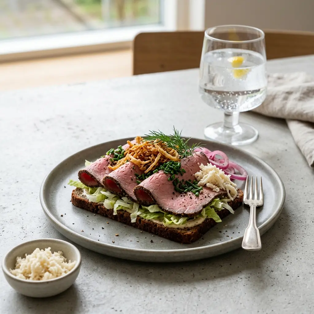En lækker anretning af kold roastbeef til frokost serveret på et flot rustikt træskærebræt