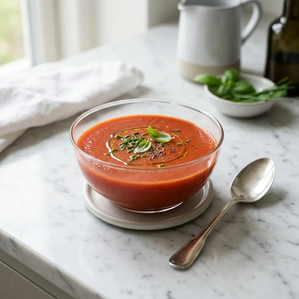 En forfriskende og cremet kold tomatsuppe serveret i en dyb tallerken med friske krydderurter på toppen
