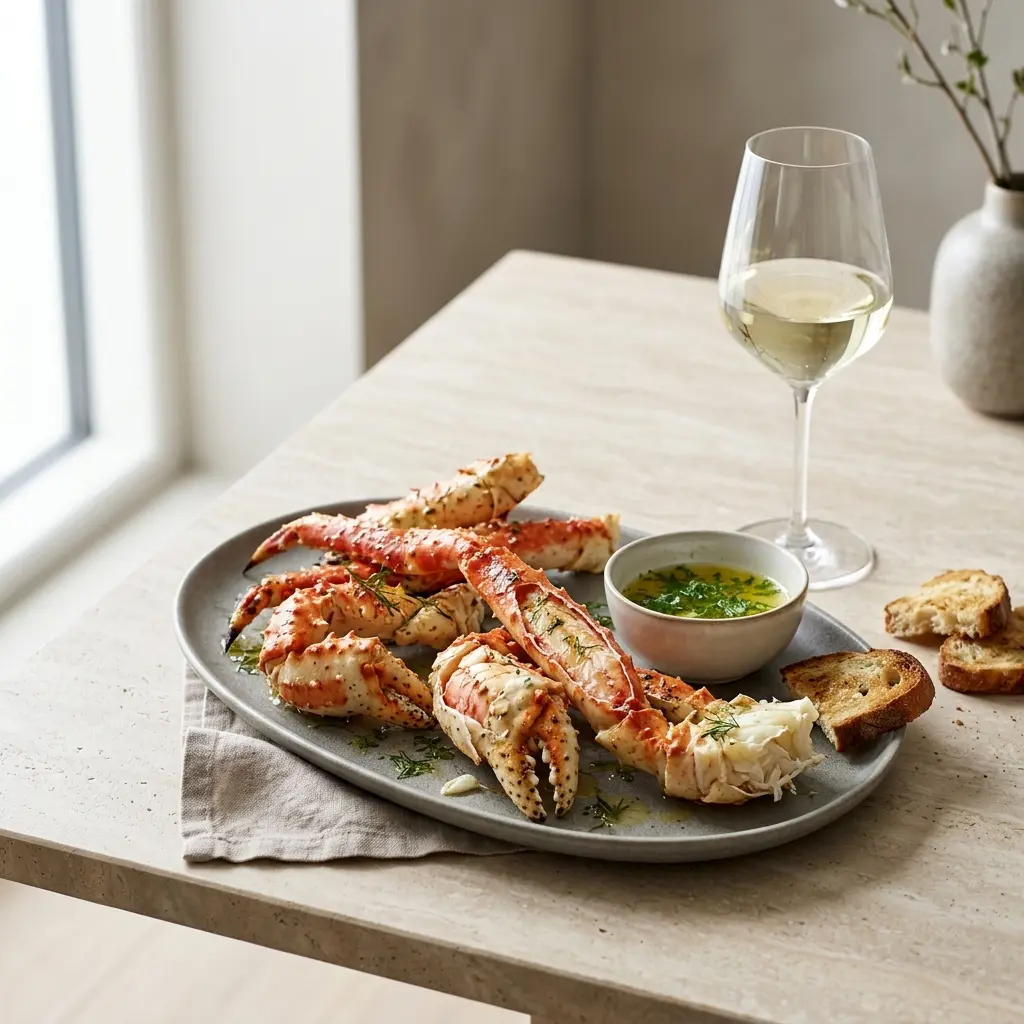 En lækker og veltilberedt kongekrabbe i ovn serveret på et flot fad til en middag