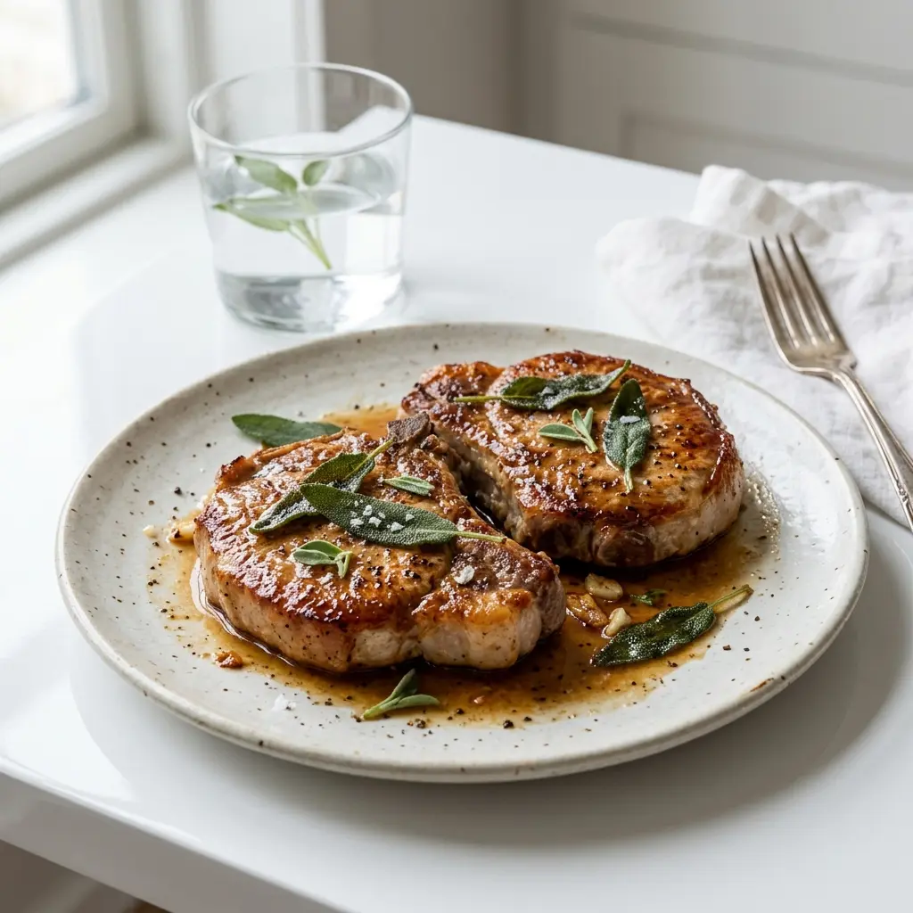 En tallerken med saftige koteletter med salvie serveret med et flot og indbydende tilbehør