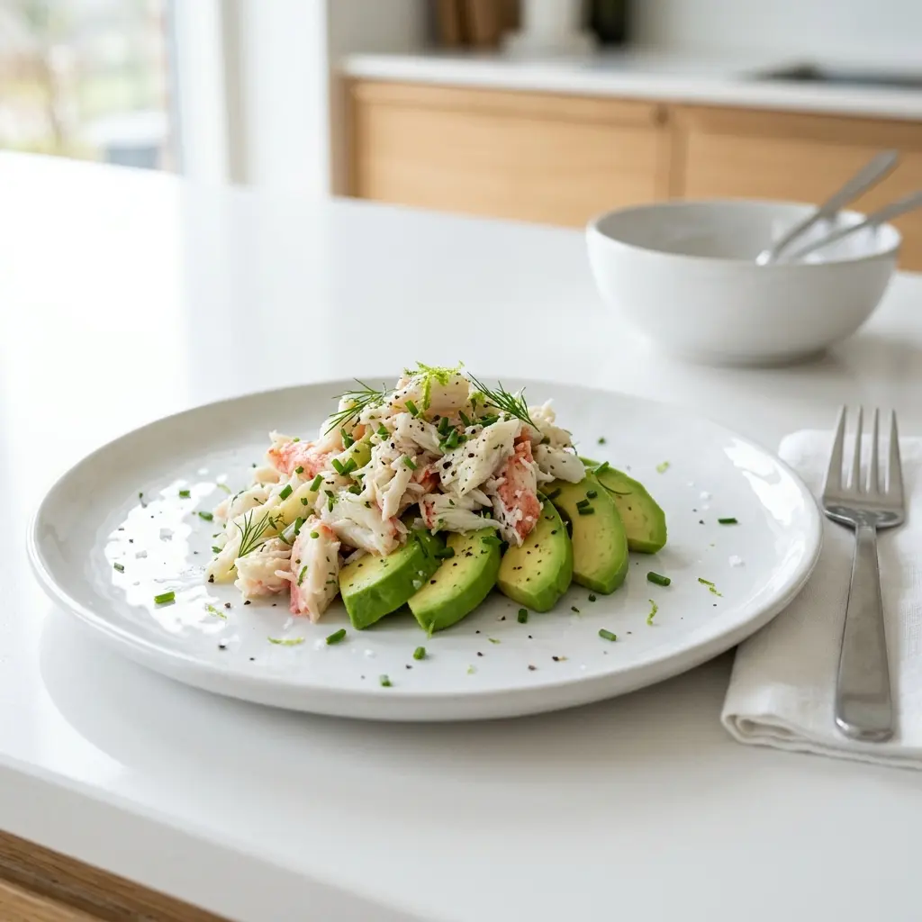 En smuk anretning af frisk krabbekød med avocado serveret som en let og elegant forret