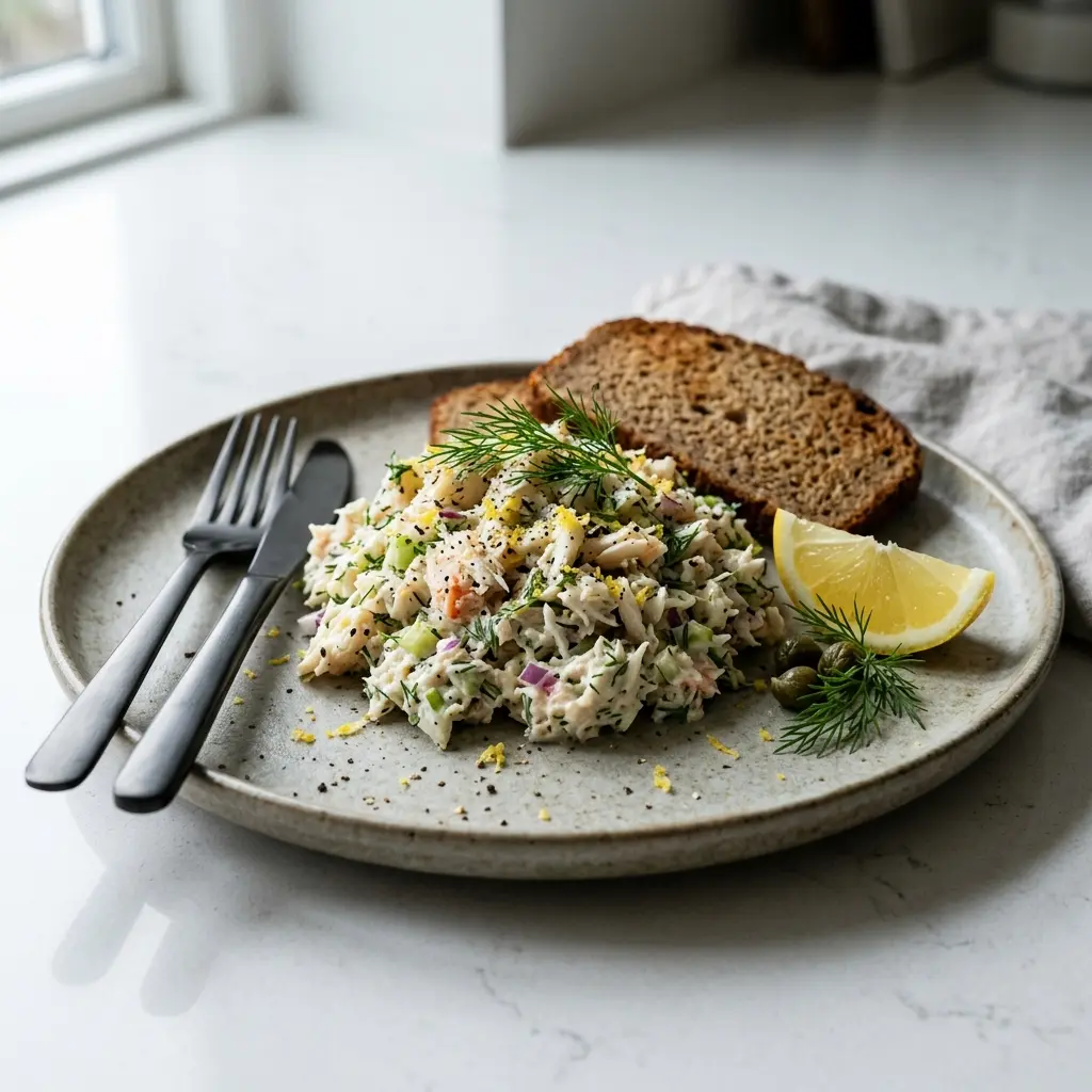En frisk anrettet krabbesalat med dild og citron serveret i en lille skål til frokost