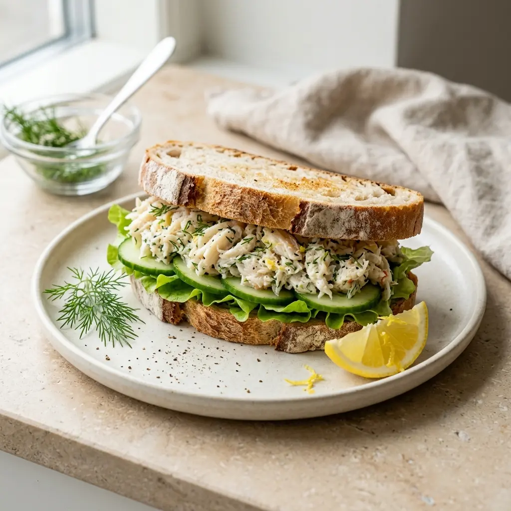 En lækker krabbesandwich anrettet på en tallerken med friske krydderurter og sprødt brød til frokost