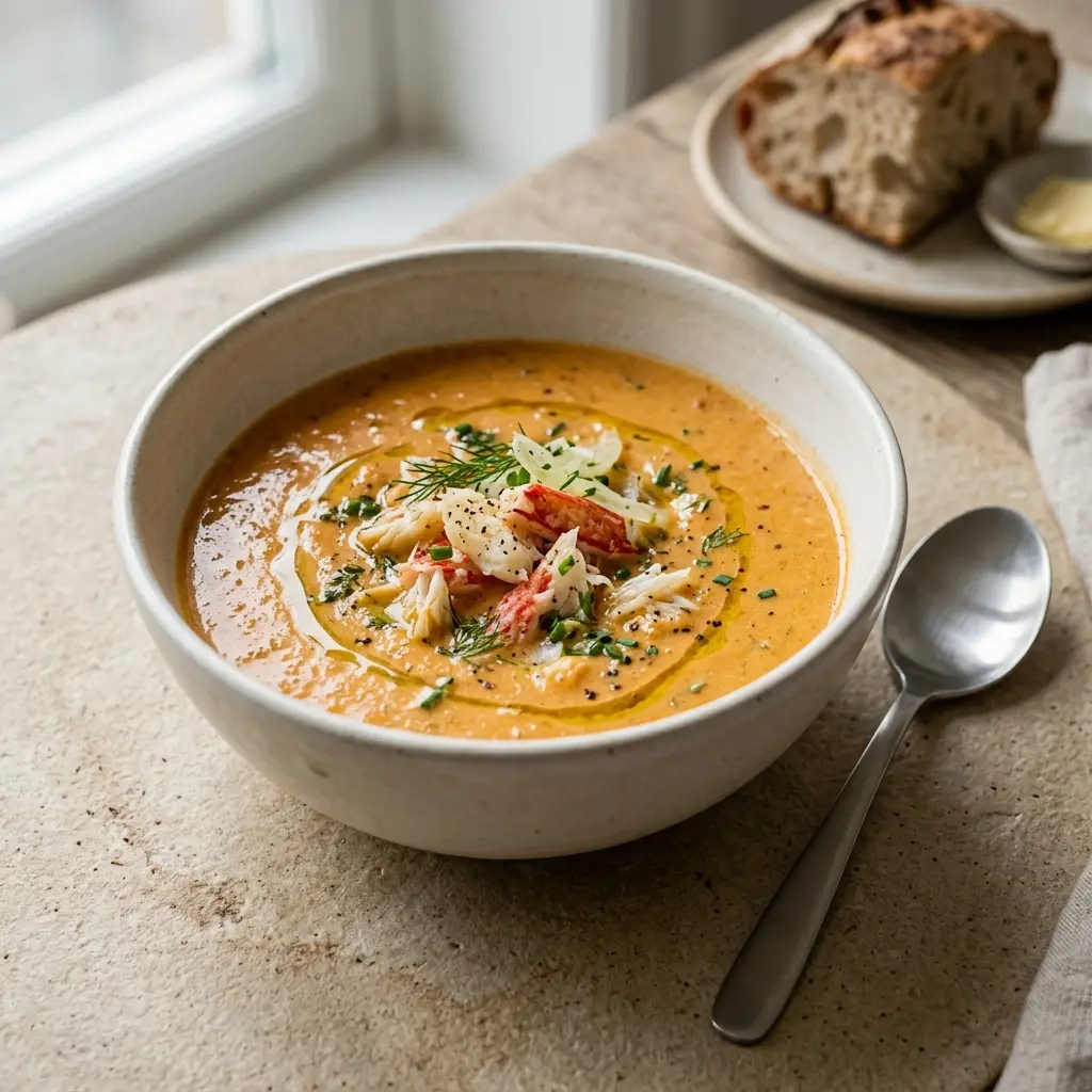 En cremet og smagfuld krabbesuppe serveret i en dyb tallerken med friske krydderurter på toppen