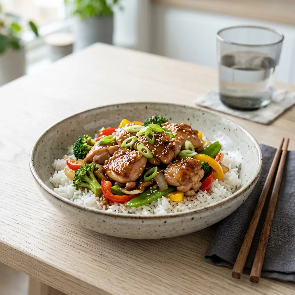En lækker og veltilberedt portion kylling i teriyaki serveret med friske grøntsager og dampende ris