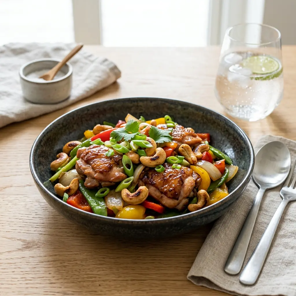 En lækker asiatisk inspireret ret med mør kylling med cashewnødder serveret i en dyb tallerken