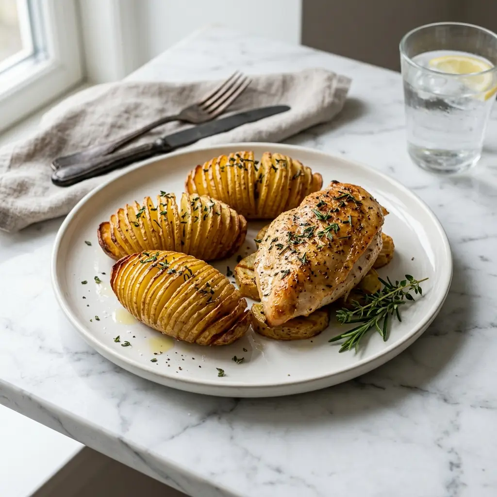 En lækker tallerken med saftig kylling med hasselback kartofler serveret med en frisk grøn salat