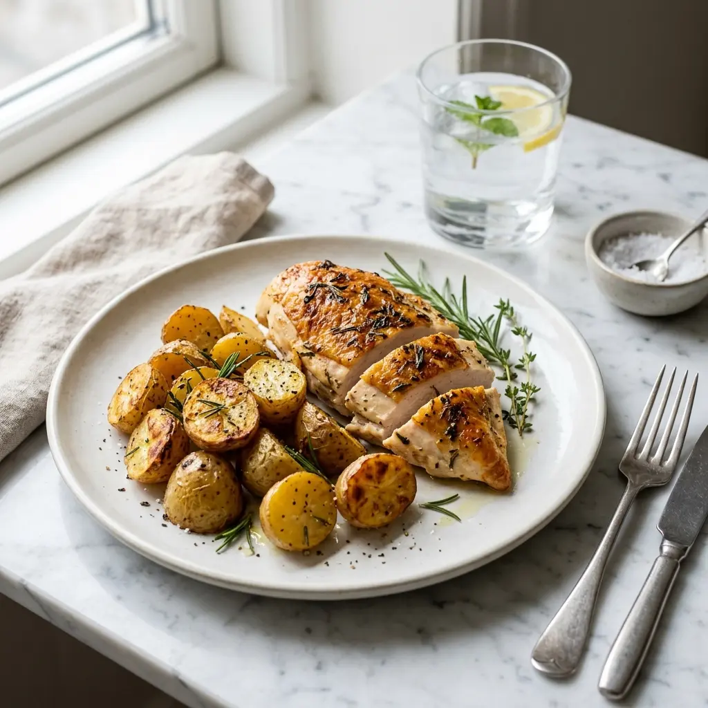 En lækker tallerken med saftig kylling med ovnbagte kartofler serveret med friske krydderurter og grøntsager