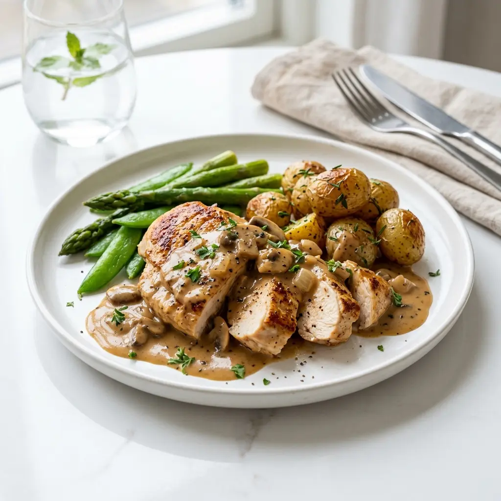 En lækker og veltilberedt kylling med whiskysauce serveret på en tallerken klar til at blive spist