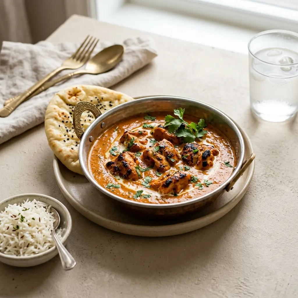 En smagfuld portion kylling tikka masala serveret i en dyb tallerken med frisk koriander på toppen