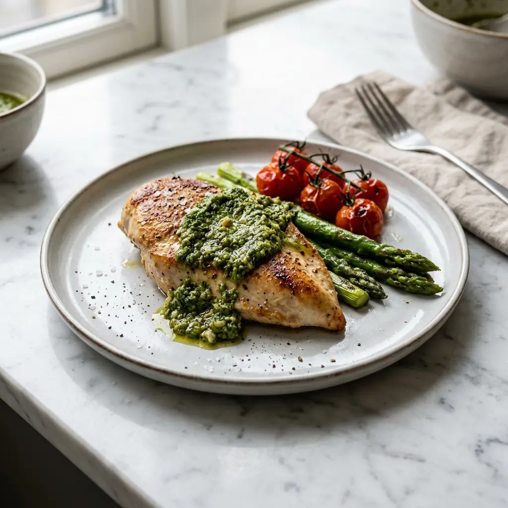 Et lækkert og saftigt kyllingebryst med pesto serveret som en nem og velsmagende aftensmad