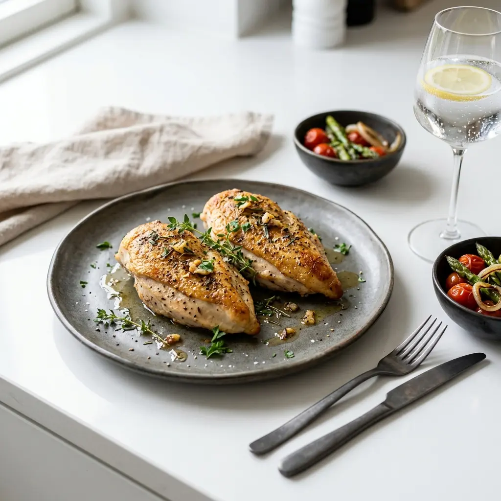 Et saftigt og gyldent kyllingebryst å panden serveret som en nem og velsmagende hverdagsret