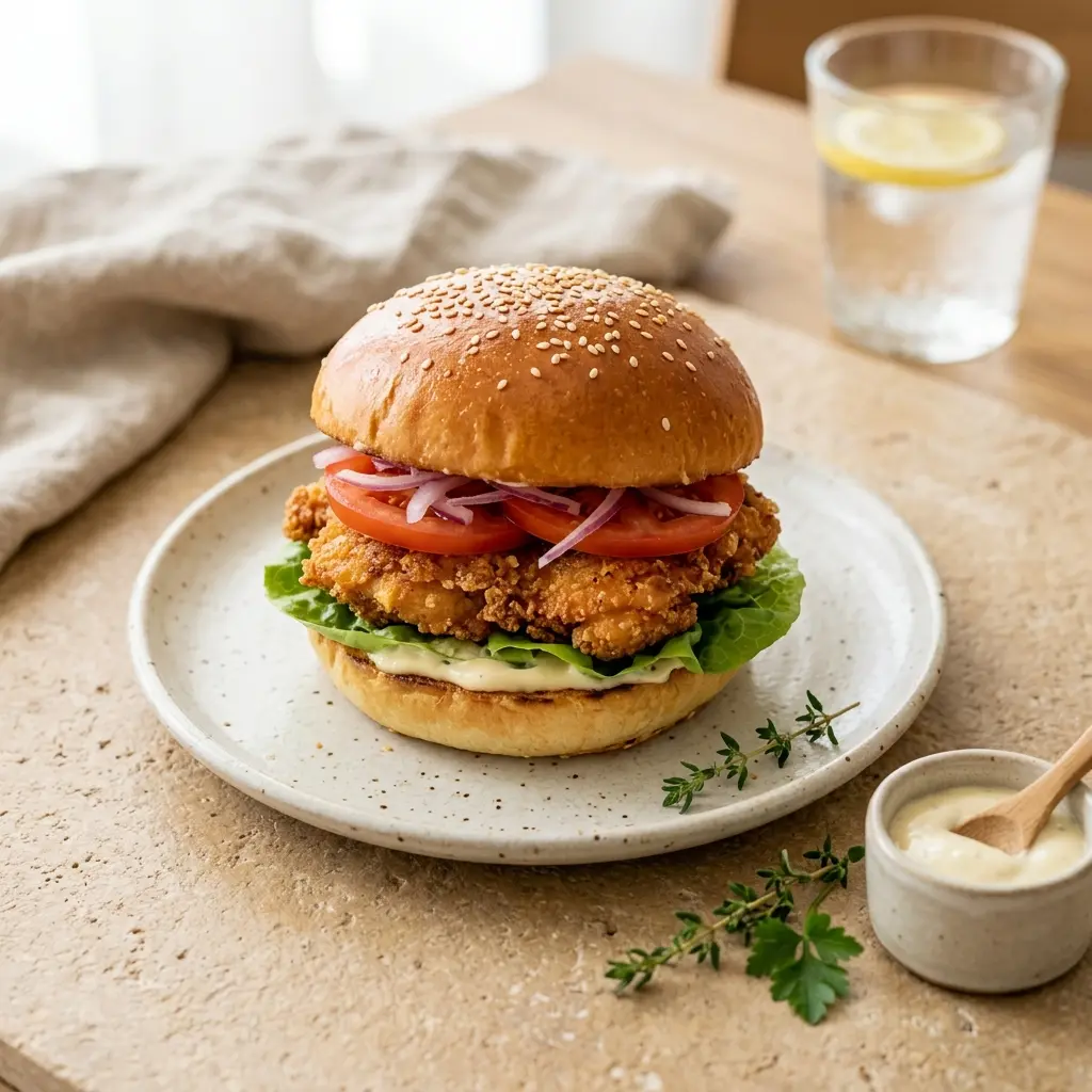 En lækker og saftig kyllingeburger serveret i en blød bolle med sprødt grønt og dressing
