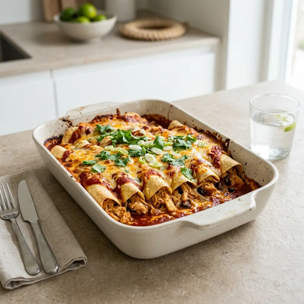 En lækker portion hjemmelavede kyllingeenchiladas toppet med smeltet ost og frisk koriander på en tallerken