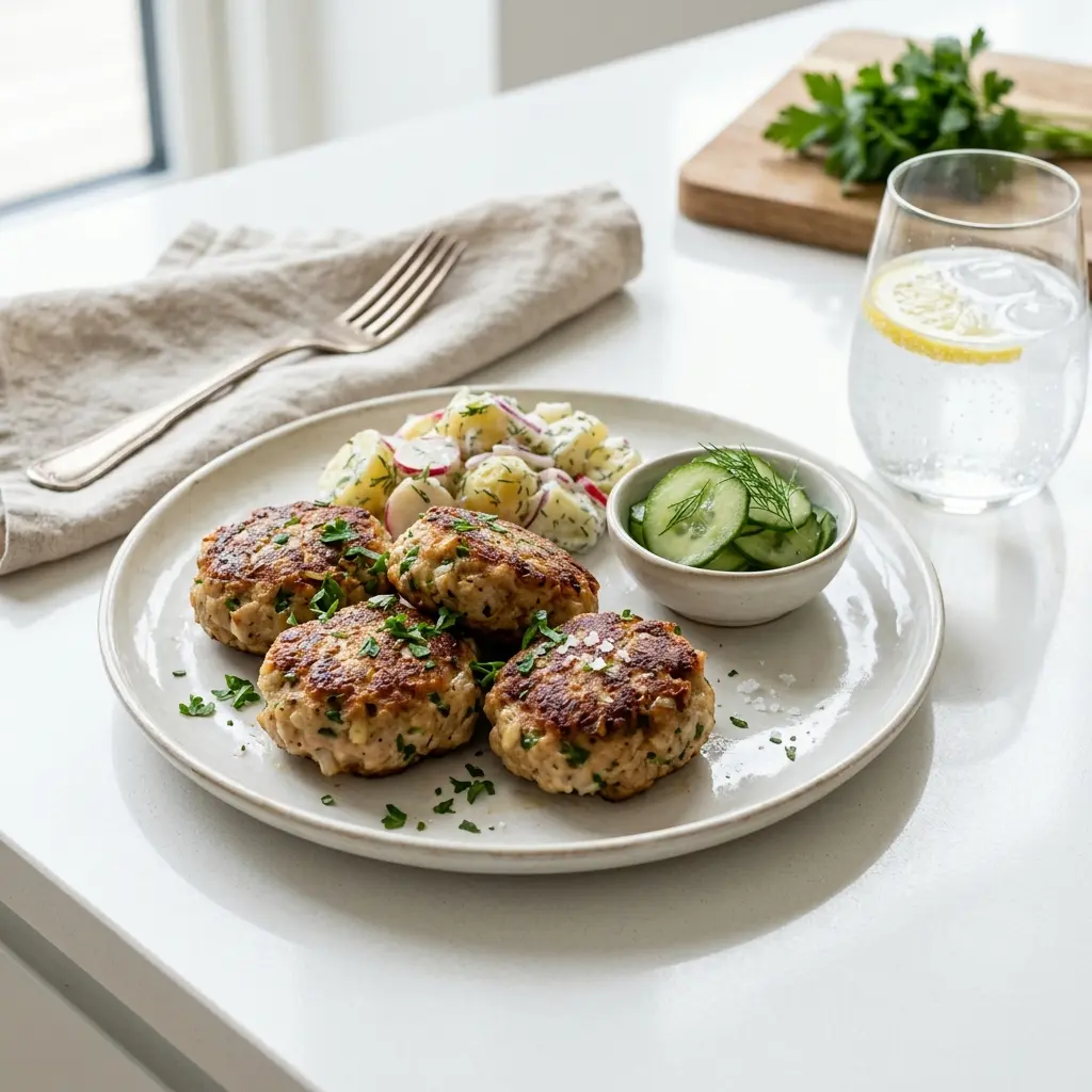 En tallerken med hjemmelavede kyllingefrikadeller serveret med friske grøntsager som et sundt og velsmagende aftensmåltid