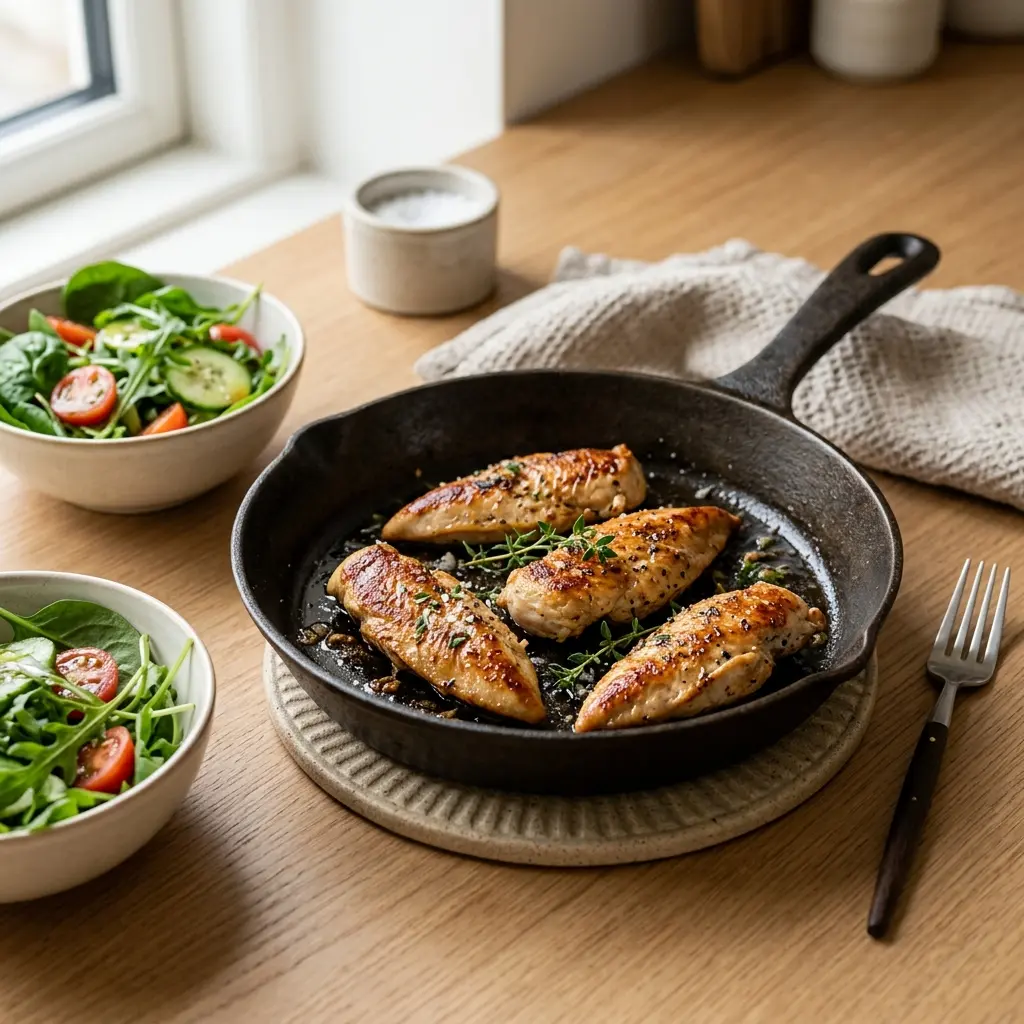 Saftig og veltilberedt kyllingeinderfilet å panden serveret som en nem og hurtig hverdagsret til aftensmad