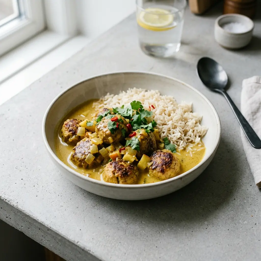 En lækker portion hjemmelavede kyllingekødboller i karry serveret med ris og frisk persille på toppen