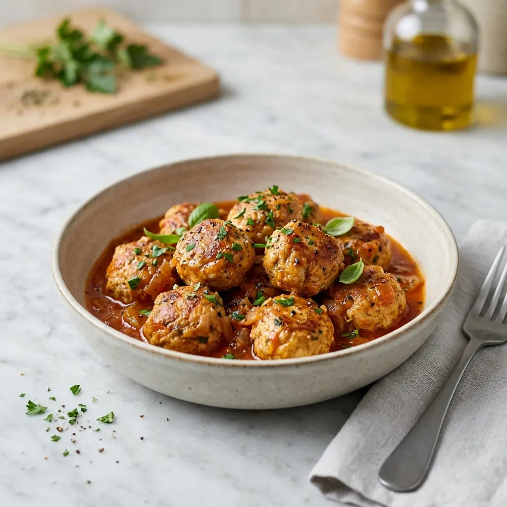 En tallerken med hjemmelavede kyllingekødboller serveret med en let og velsmagende sauce til aftensmad