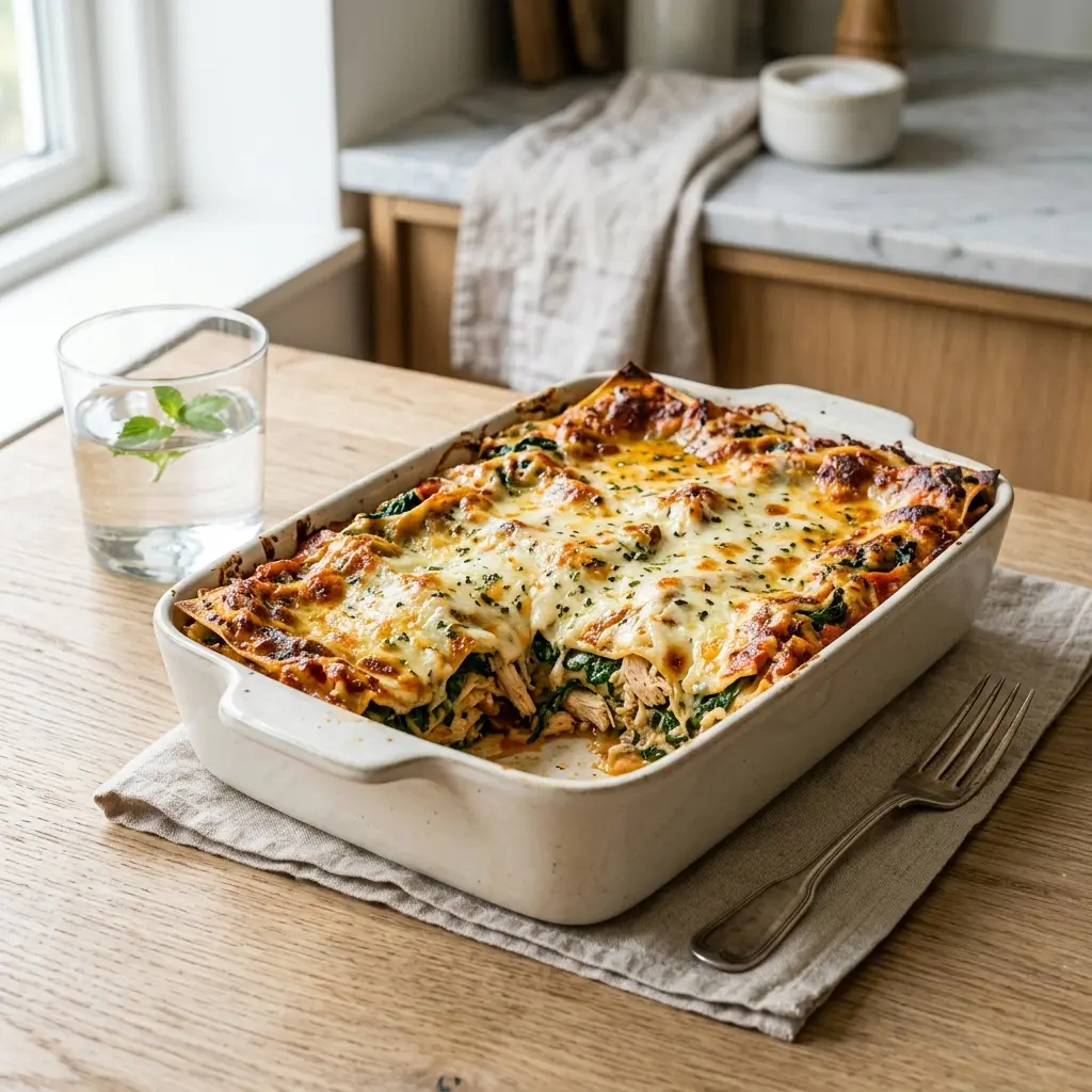 En lækker hjemmelavet kyllingelasagne med spinat serveret i et ildfast fad klar til servering